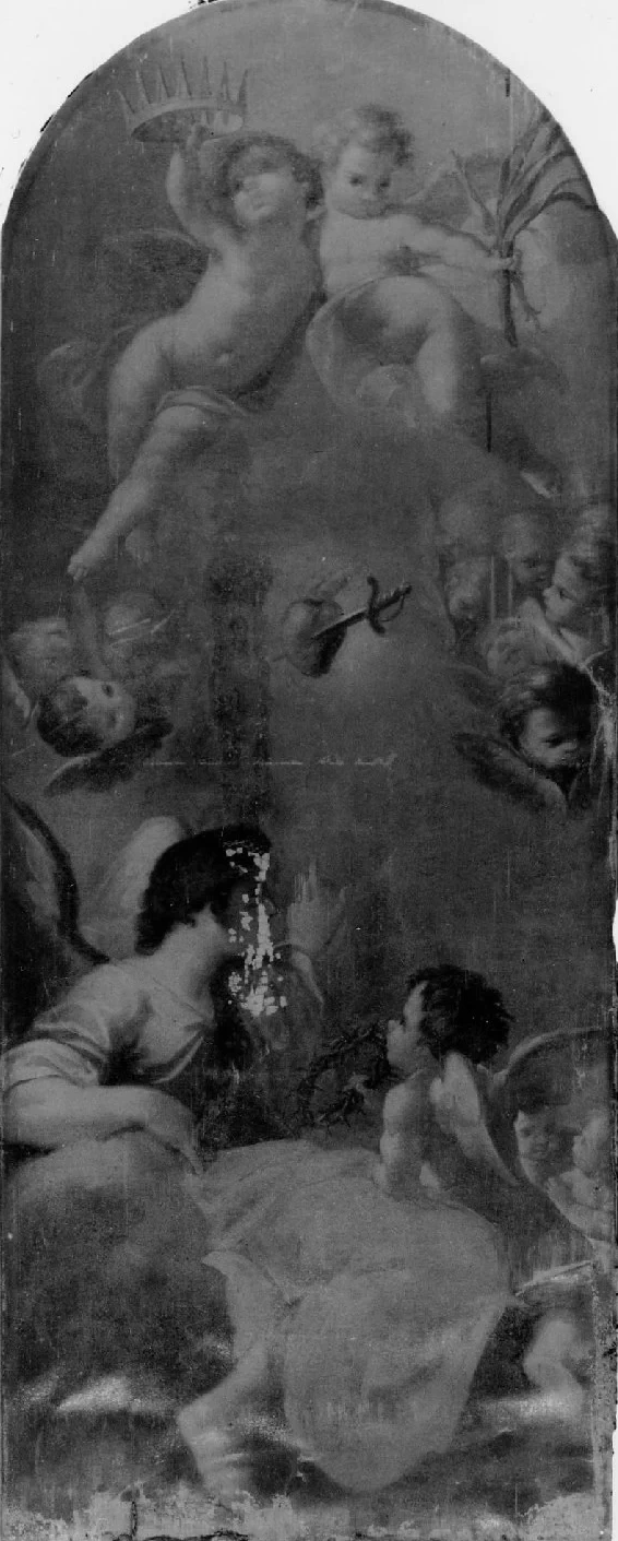 Angeli e cherubini intorno al Sacro Cuore trafitto da una spada - Bologna